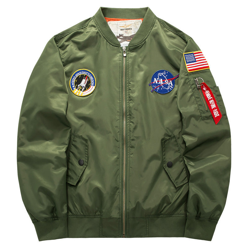 Men's  pilot-style nylon flight bomber jacket with embroidered aerospace patches and sleeve zip utility pocket Drune