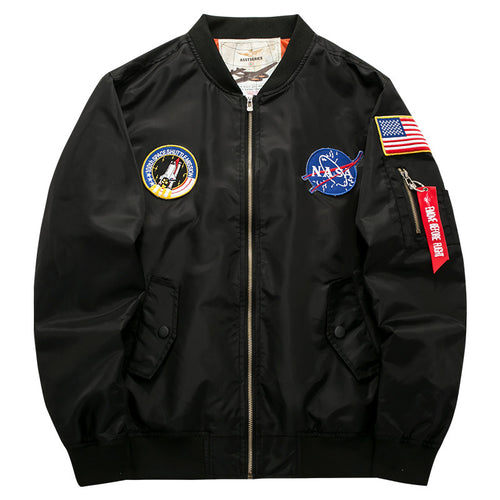Men's  mission-patch zip-up pilot jacket with sleeve utility pocket Drune