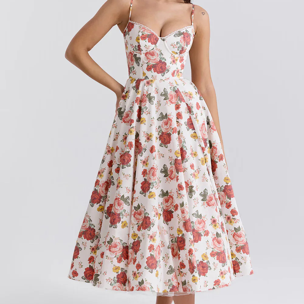Drune | Feminines Blumen Midikleid mit Korsett Oberteil