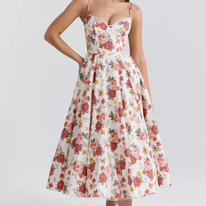 Drune | Feminines Blumen Midikleid mit Korsett Oberteil
