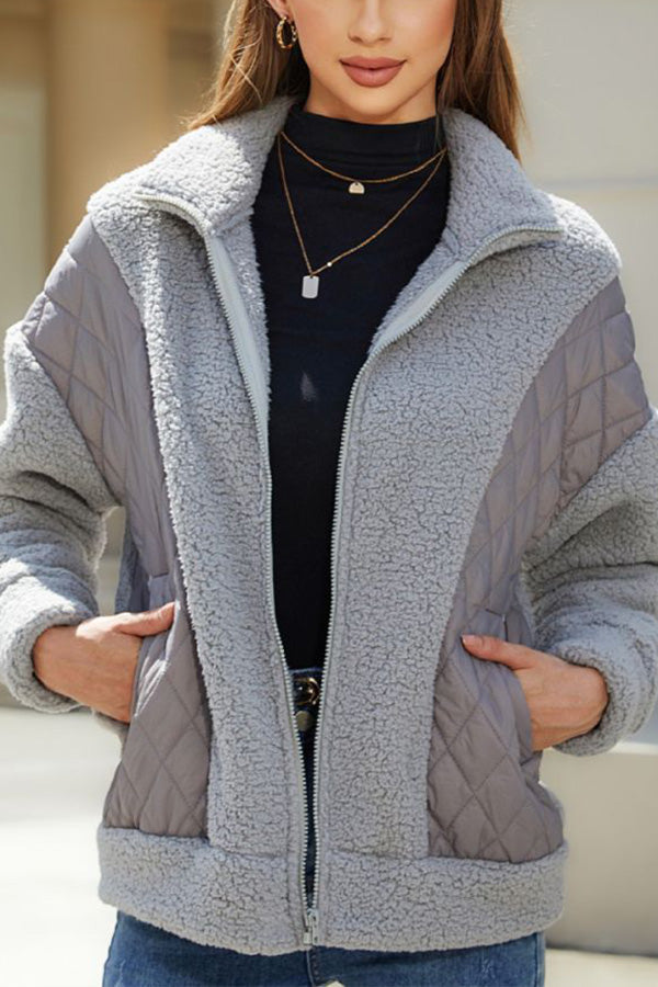 Drune | Langarm-Cardigan mit Reißverschluss aus Plüsch-Patchwork Damenjacke