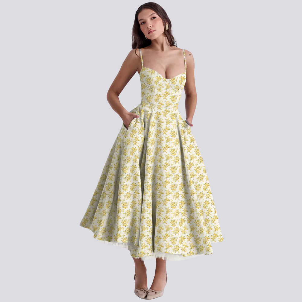 Drune | Feminines Blumen Midikleid mit Korsett Oberteil