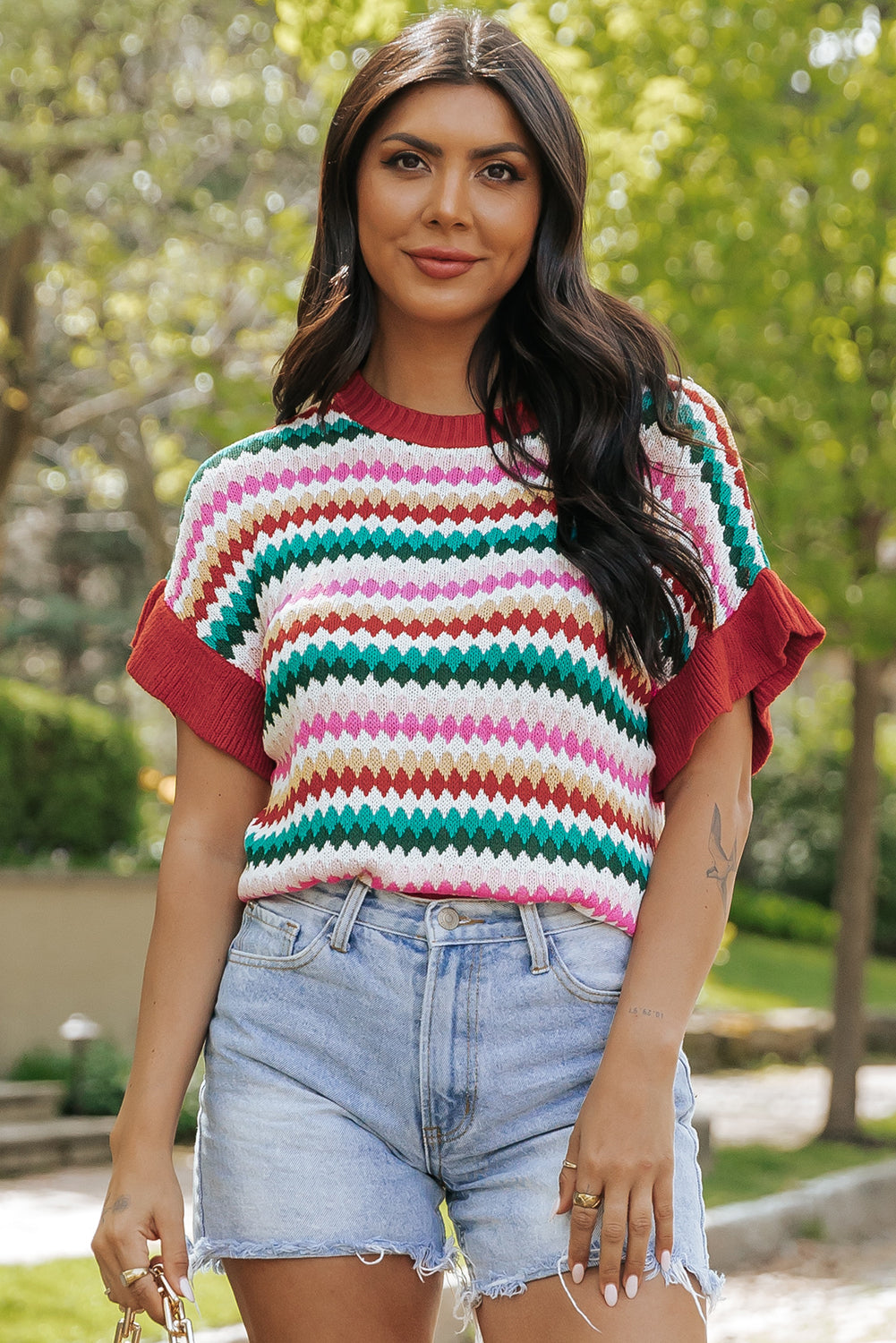 Drune | rotes Crop-Top mit farbiger Struktur Für Frauen