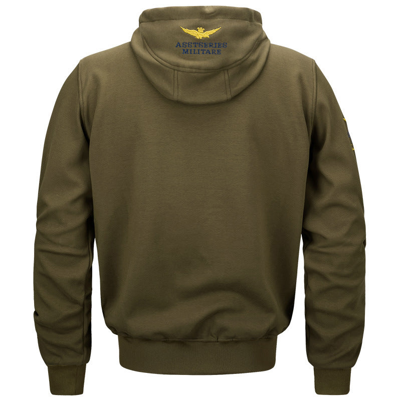 Men's  military inspired cotton-blend hooded sweatshirt with ribbed cuffs and embroidered insignia Drune