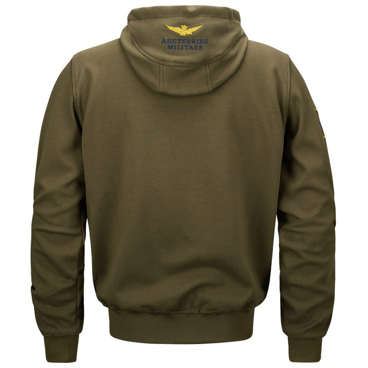 Men's  military inspired cotton-blend hooded sweatshirt with ribbed cuffs and embroidered insignia Drune