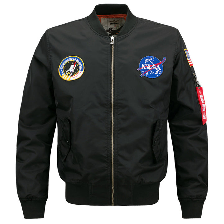 Men's  slim-fit flight bomber with embroidered mission patches angled snap-flap pockets and zip sleeve utility pocket Drune