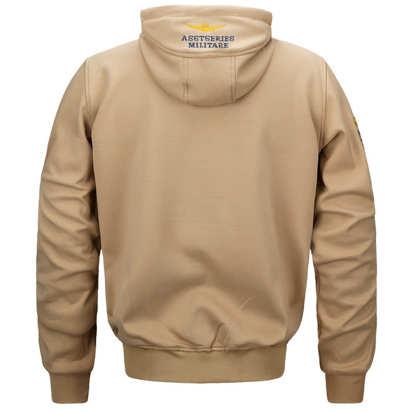 Men's  military inspired cotton-blend hooded sweatshirt with ribbed cuffs and embroidered insignia Drune