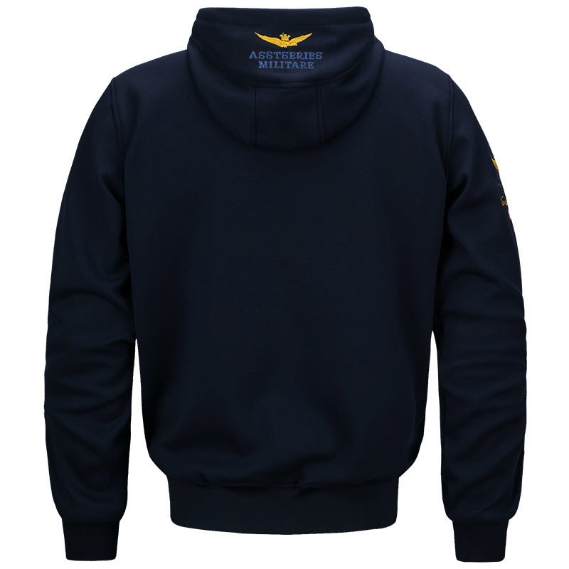 Men's  military inspired cotton-blend hooded sweatshirt with ribbed cuffs and embroidered insignia Drune