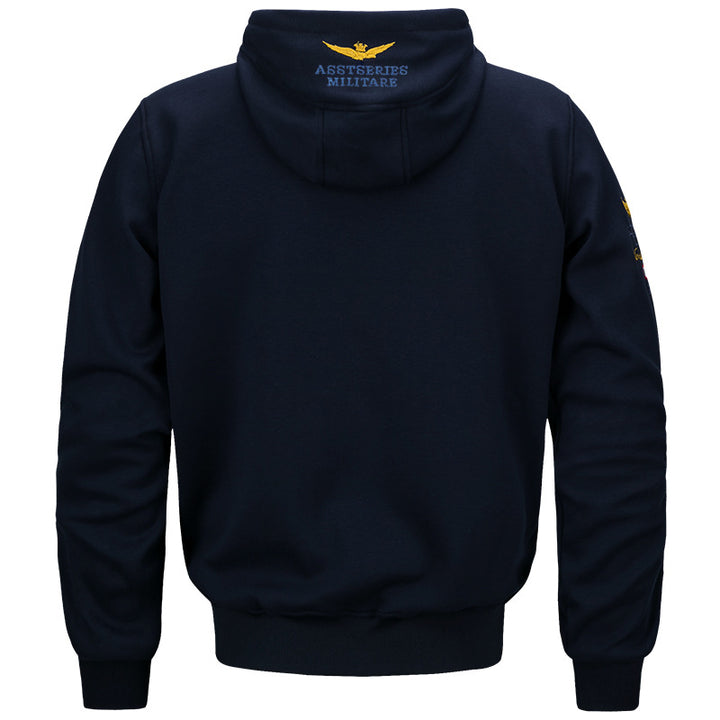 Men's  military inspired cotton-blend hooded sweatshirt with ribbed cuffs and embroidered insignia Drune