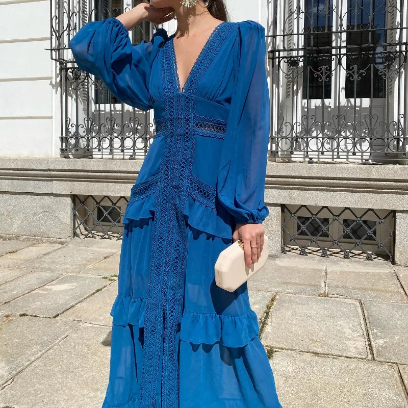 Drune | Gestufter Langarm-Maxikleid