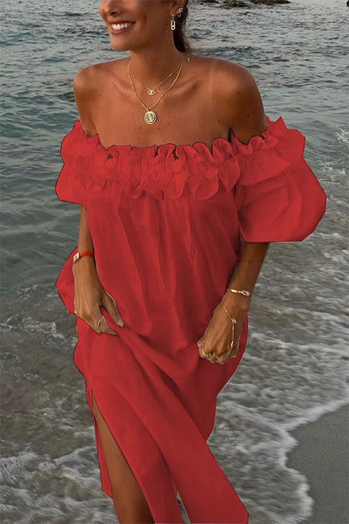 Drune | Rosiedress Off Shoulder Rüsche Trim Schlitz Baumwolle Leinen Maxi Urlaub Kleid
