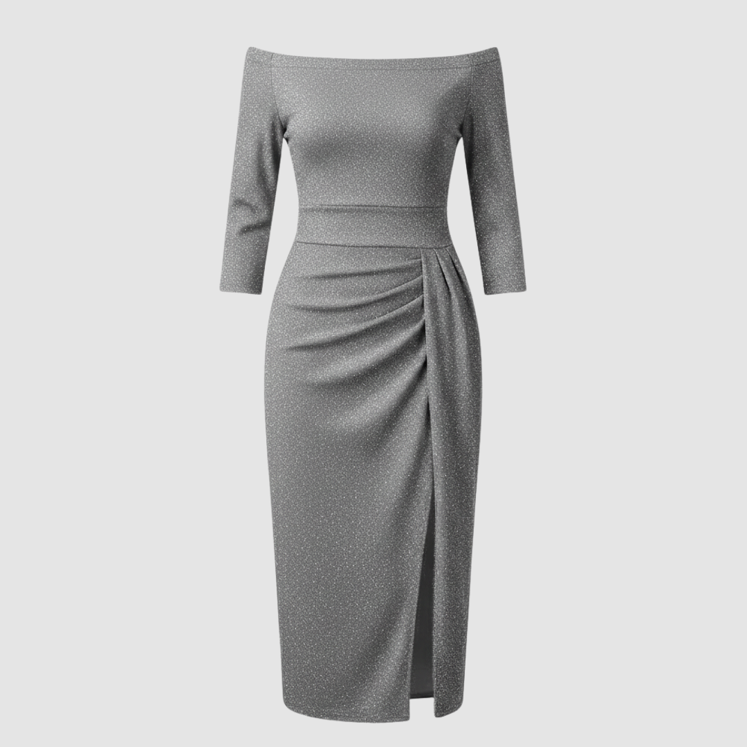 Elegantes Hochzeitsgast Kleid Off Shoulder Lang Satin | Drune