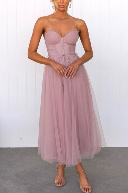 Drune | Rosiedress Rückenausschnitt Bindegürtel Mesh Swing Maxi Spaghettiträger Kleid