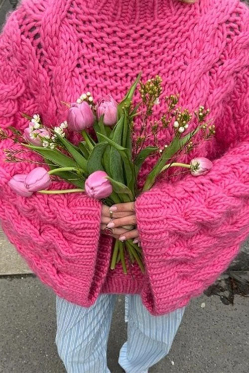 Drune | Rosiedress Rundhals Übergroße Zopfmuster Pullover