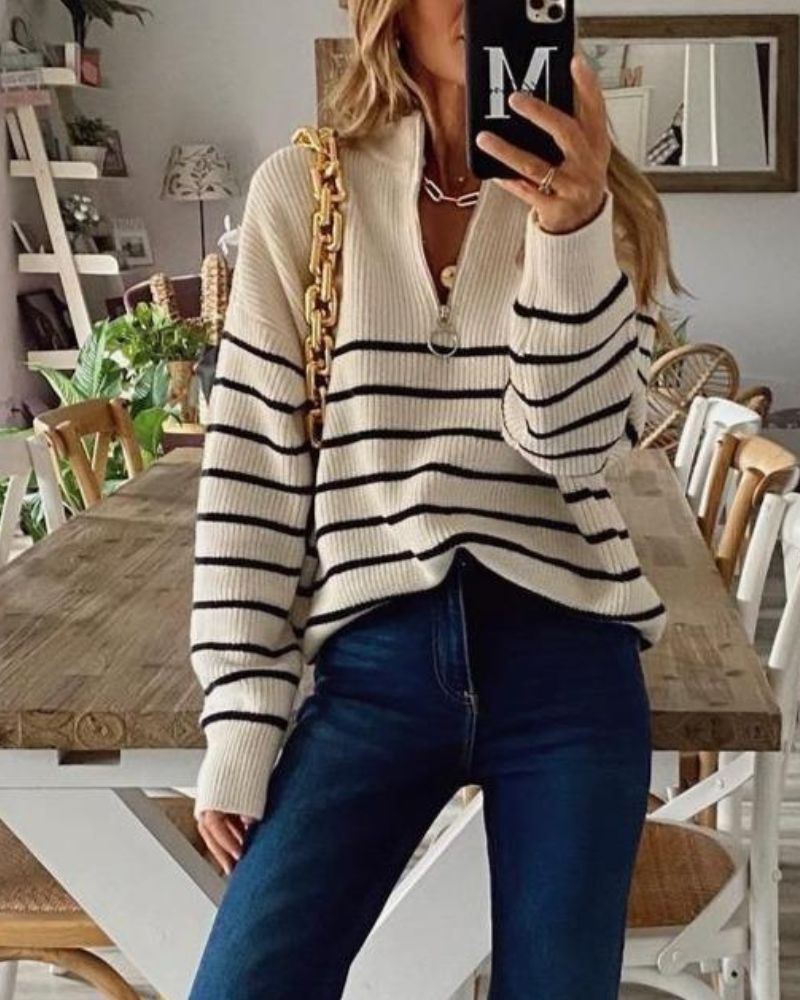 Drune | Lässiger Gestreifter Schwarz-Weiß-Pullover