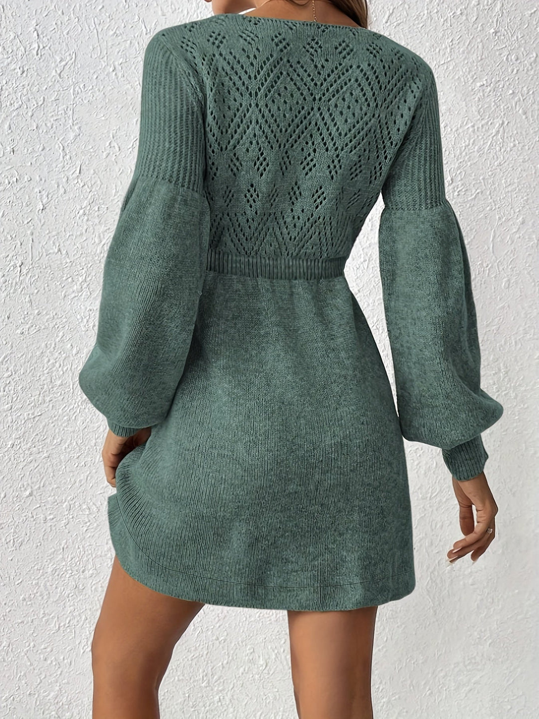 Drune | Lochstickerei Solide Farbe Strick Laternen Ärmel A-Linie Geraffte Taille Formelles Kleid Für Frauen - Ideal für formelle Anlässe