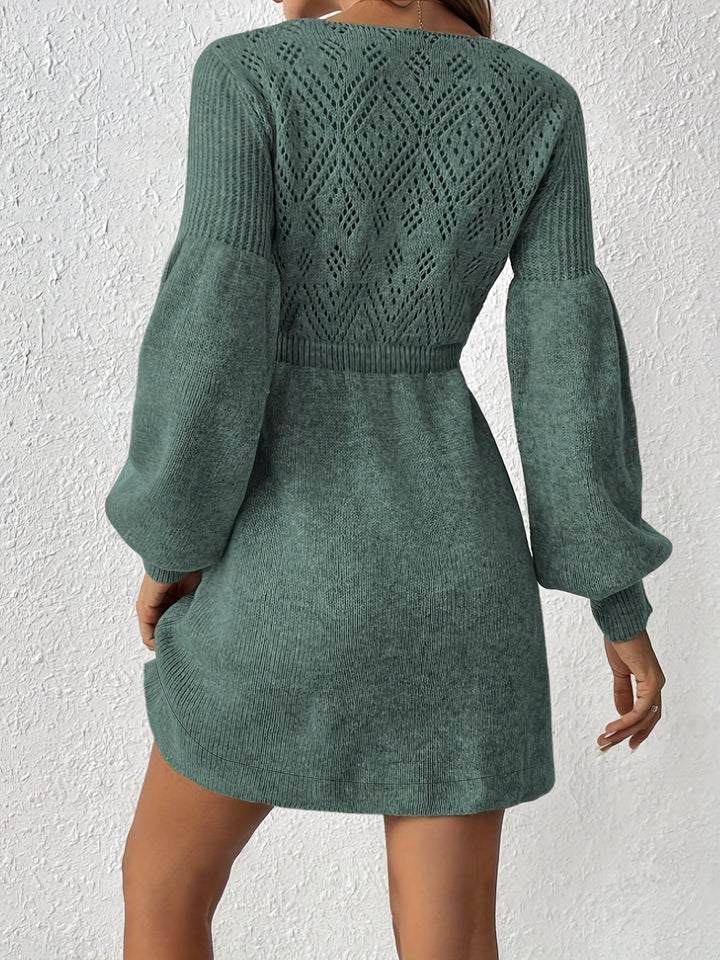 Drune | Lochstickerei Solide Farbe Strick Laternen Ärmel A-Linie Geraffte Taille Formelles Kleid Für Frauen - Ideal für formelle Anlässe