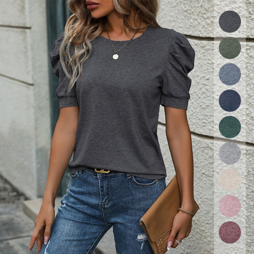 Drune | Solide Farbe Blase Ärmel T-Shirt Frauen