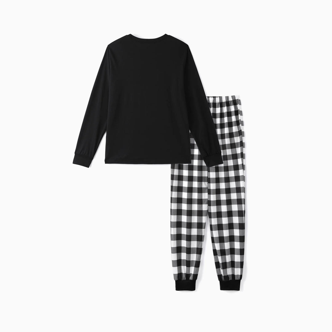 Drune | Paar Schwarz und Weiß Karierte Weihnachts-Pyjama-Set mit Weihnachtsmann und Cartoon-Muster Druck