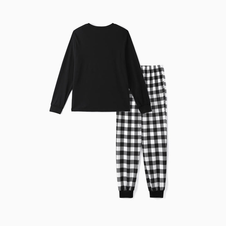 Drune | Paar Schwarz und Weiß Karierte Weihnachts-Pyjama-Set mit Weihnachtsmann und Cartoon-Muster Druck