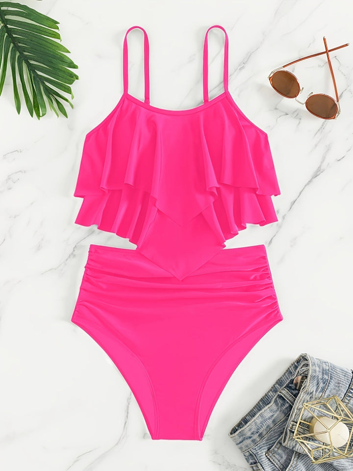 Drune | Raffung, Geschichtete Zweiteiliges Schwarzes Tankini für Damen