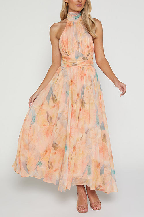 Drune | Halter Bow Neck Backless Beck Print Swing Maxi Kleid