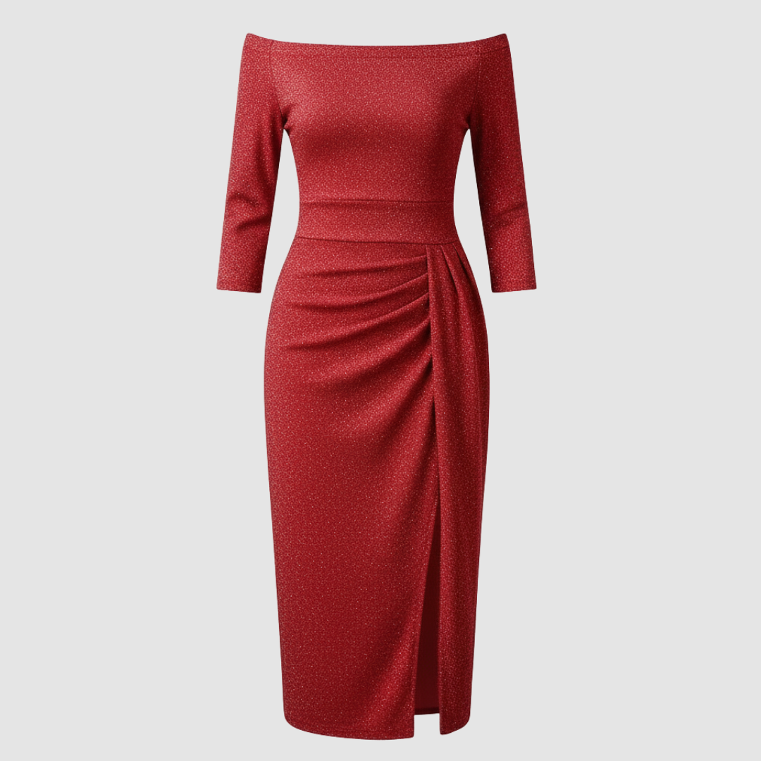 Elegantes Hochzeitsgast Kleid Off Shoulder Lang Satin | Drune