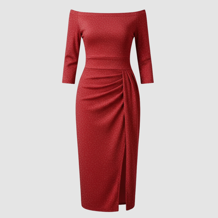 Elegantes Hochzeitsgast Kleid Off Shoulder Lang Satin | Drune