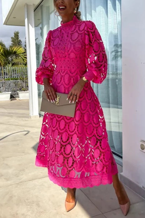 Drune | Rosiedress Mockneck Puffärmel Spitze Aushöhlung Mid Kleid