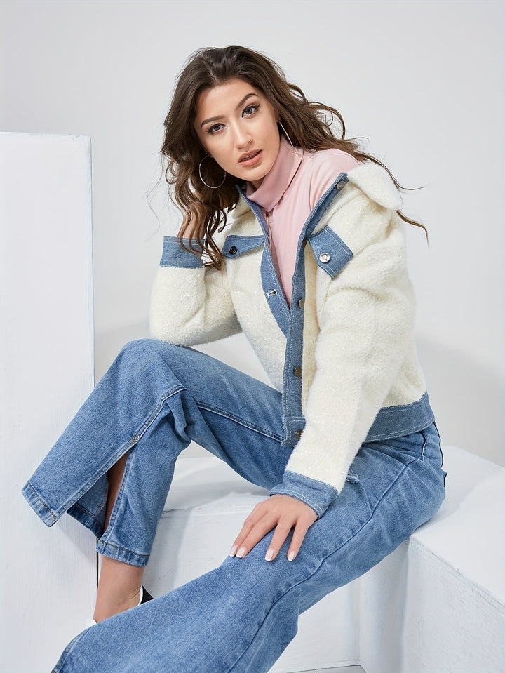Drune | Kurze Teddyjacke mit Denimdetails Polyester und Baumwolle Trendy und Komfortabel