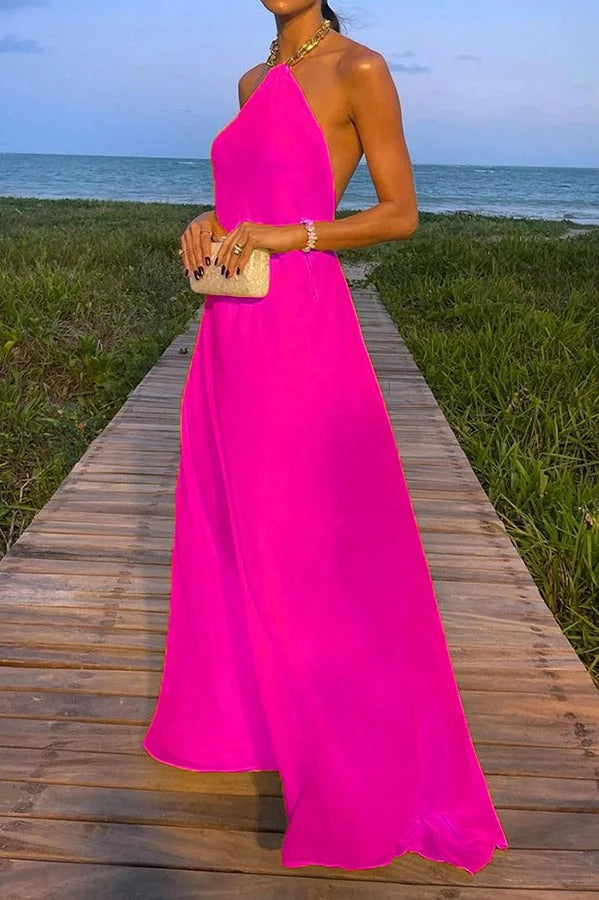 Drune | Sunny In Santorini Ketten-Halter Rückenfreies A-Linie Urlaub Maxi Kleid