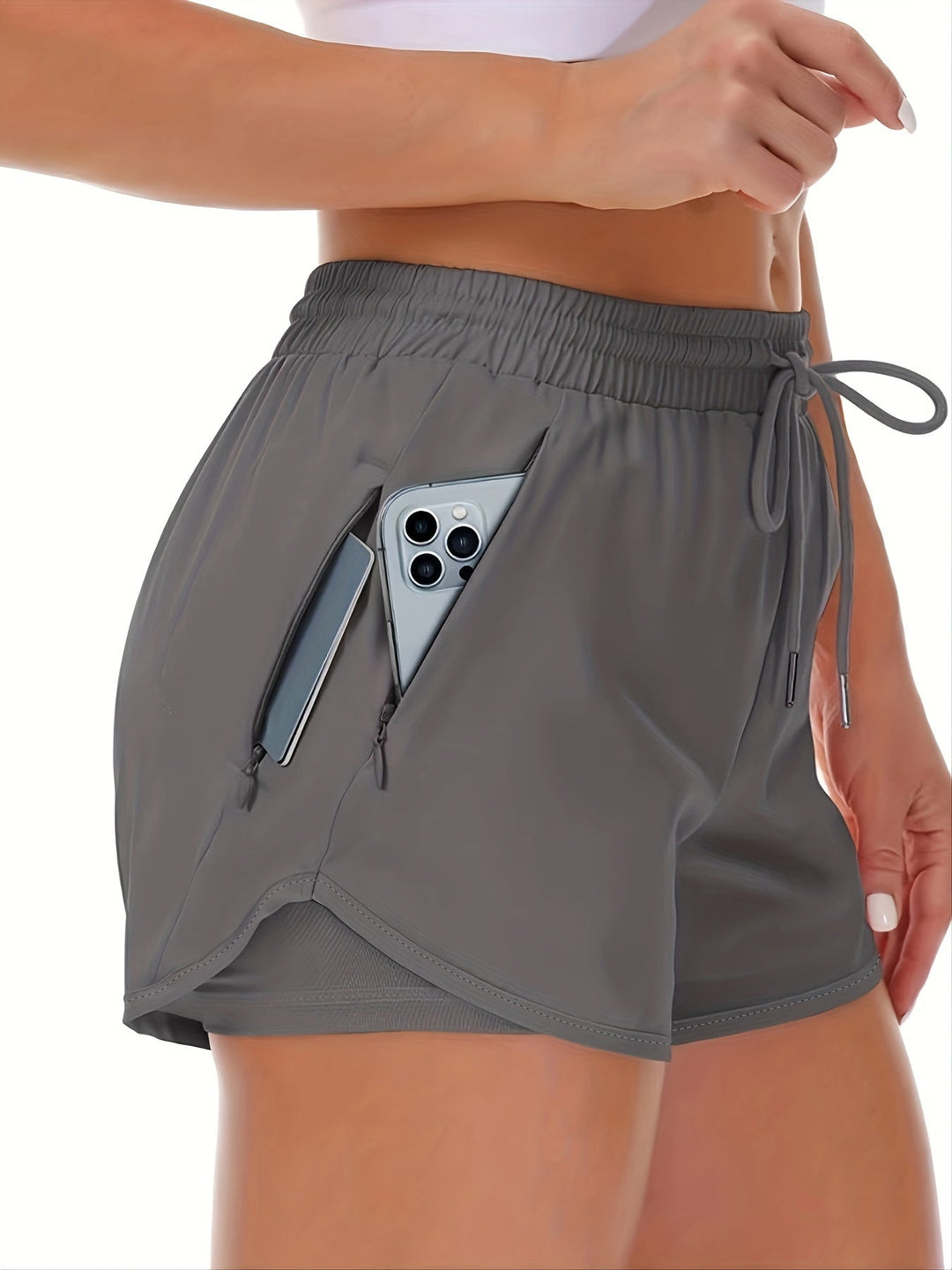 Drune | Sportliche 2 in 1 Lauf Fitnessshorts in Einfarbig Mit Mehreren Taschen