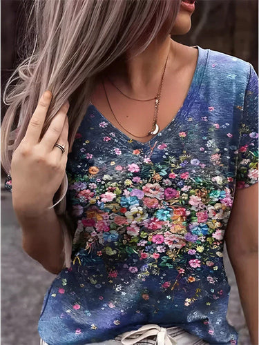 Drune | T-Shirt mit V-Ausschnitt und Floralem Druck