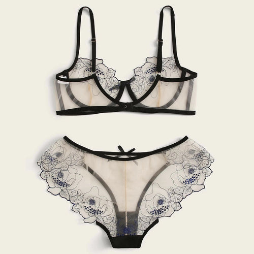 Drune | Women's Mesh Stickerei Sheer Dessous Set