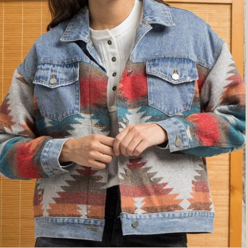 Drune | Jeansjacke mit Aztekenmuster