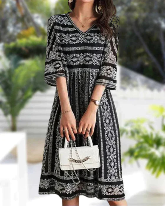 Drune | Bedrucktes Midi-Kleid mit V-Ausschnitt