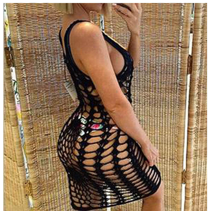Damen Netz-Strandkleid mit ausgefallenen Lochmustern und tiefem Ausschnitt Drune