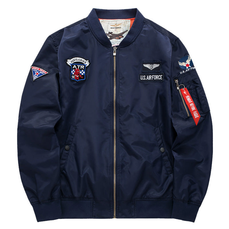 Men's  vintage aviation patch satin-lined bomber jacket with sleeve zipper utility pocket Drune