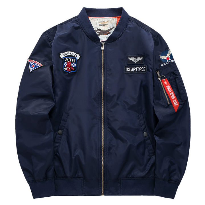 Men's  vintage aviation patch satin-lined bomber jacket with sleeve zipper utility pocket Drune