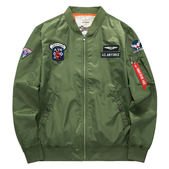 Men's  vintage aviation patch satin-lined bomber jacket with sleeve zipper utility pocket Drune