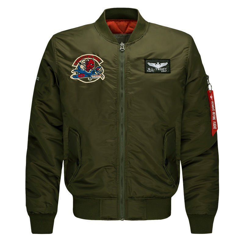Men's  low-profile flight bomber with embroidered crests sleeve zipper utility pocket and insulated orange lining Drune