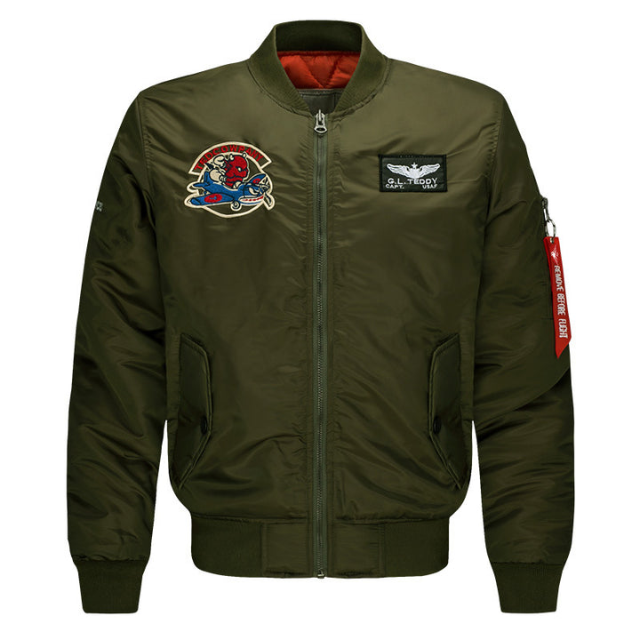 Men's  low-profile flight bomber with embroidered crests sleeve zipper utility pocket and insulated orange lining Drune