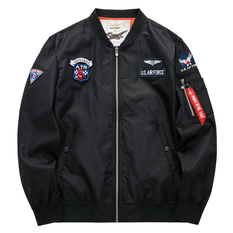 Men's  vintage aviation patch satin-lined bomber jacket with sleeve zipper utility pocket Drune