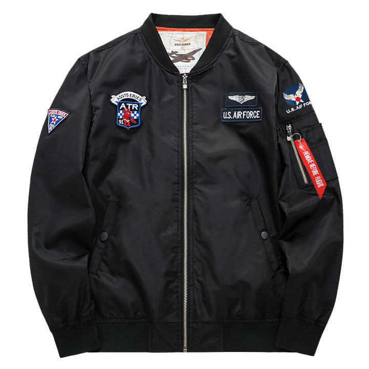 Men's  vintage aviation patch satin-lined bomber jacket with sleeve zipper utility pocket Drune