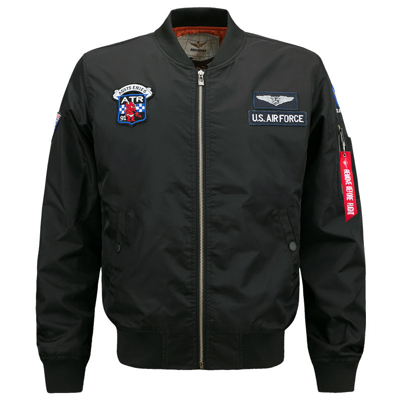 Men's  vintage aviator zip bomber jacket with embroidered squadron badges and tool-ring sleeve pocket Drune