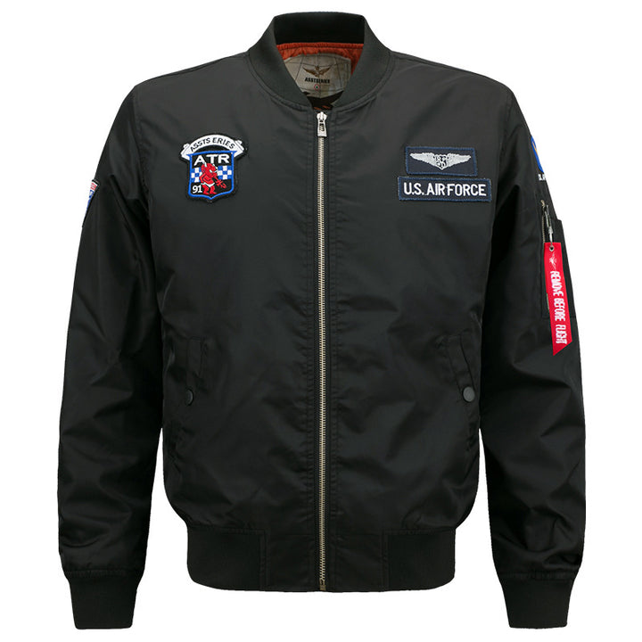 Men's  vintage aviator zip bomber jacket with embroidered squadron badges and tool-ring sleeve pocket Drune