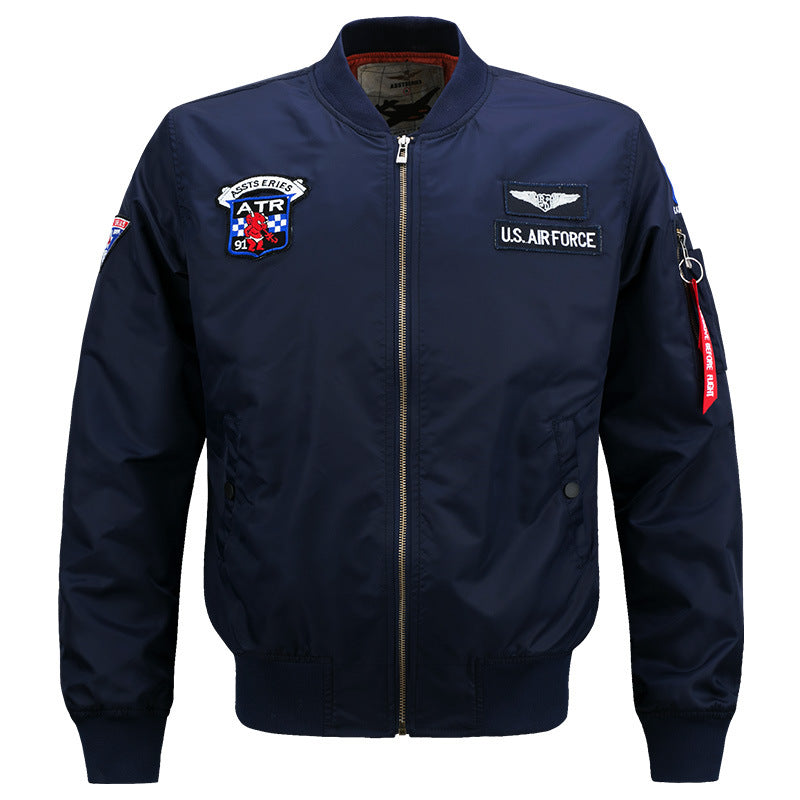 Men's  vintage aviator zip bomber jacket with embroidered squadron badges and tool-ring sleeve pocket Drune