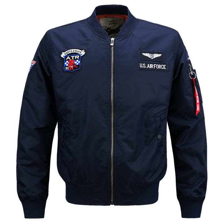 Men's  vintage aviator zip bomber jacket with embroidered squadron badges and tool-ring sleeve pocket Drune