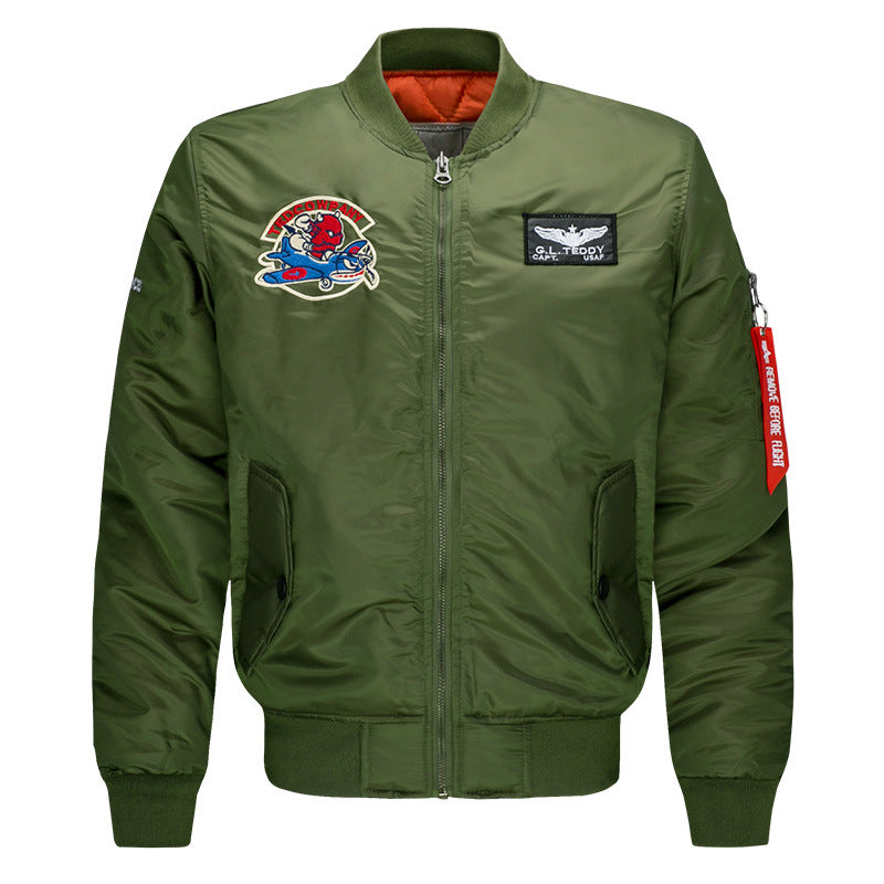 Men's  low-profile flight bomber with embroidered crests sleeve zipper utility pocket and insulated orange lining Drune