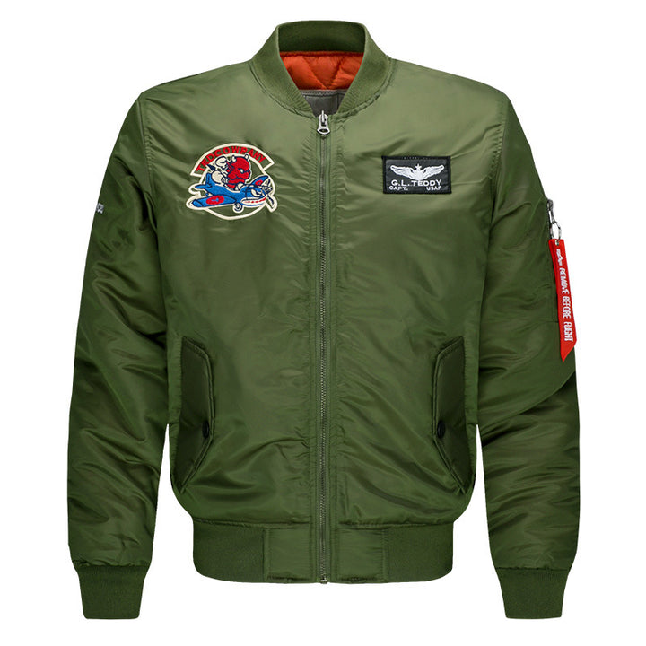 Men's  low-profile flight bomber with embroidered crests sleeve zipper utility pocket and insulated orange lining Drune